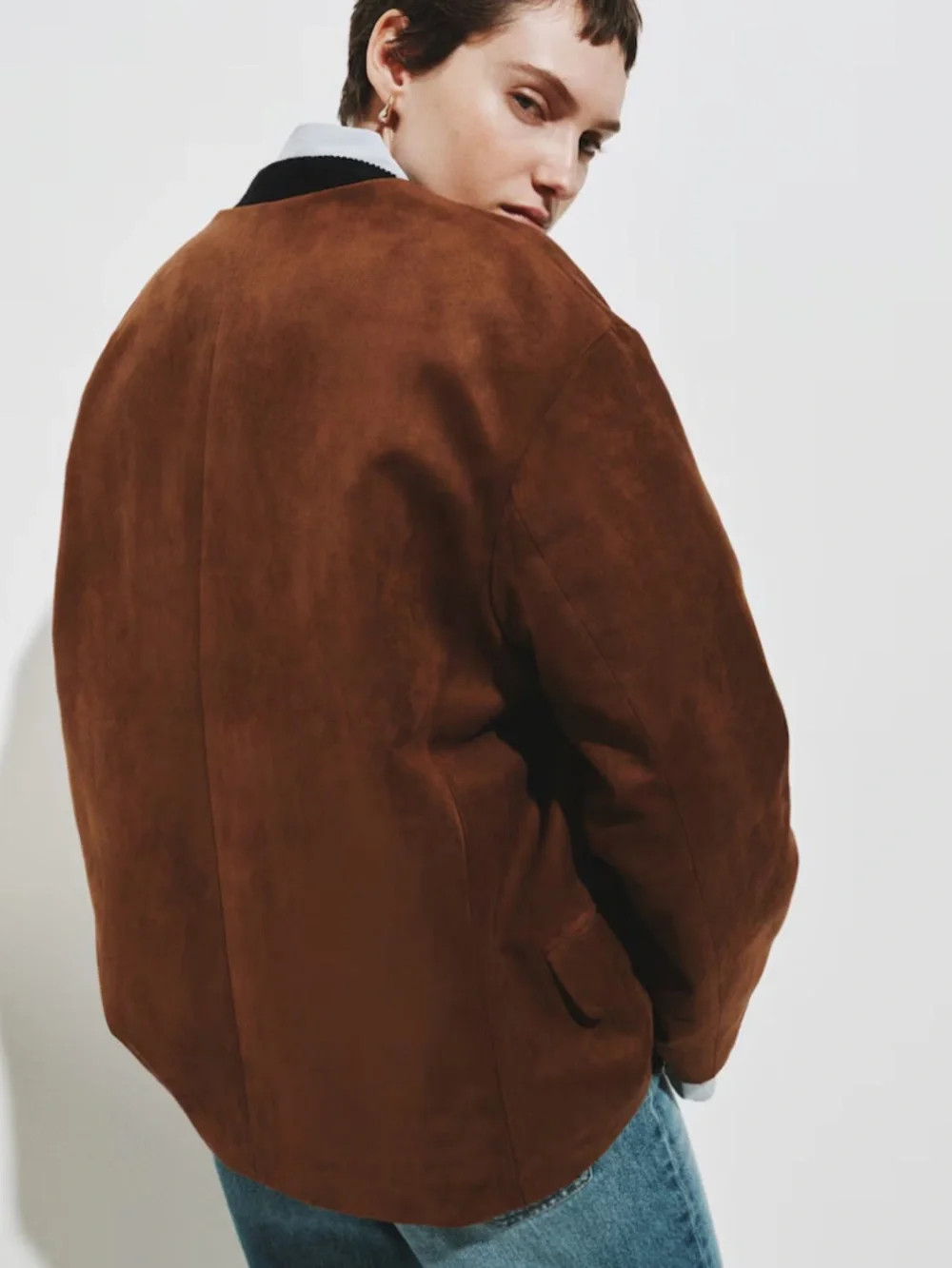 NWT H&M Classic Brown Faux Suede Collarless Jacket. Size Medium. - Picture 6 of 13